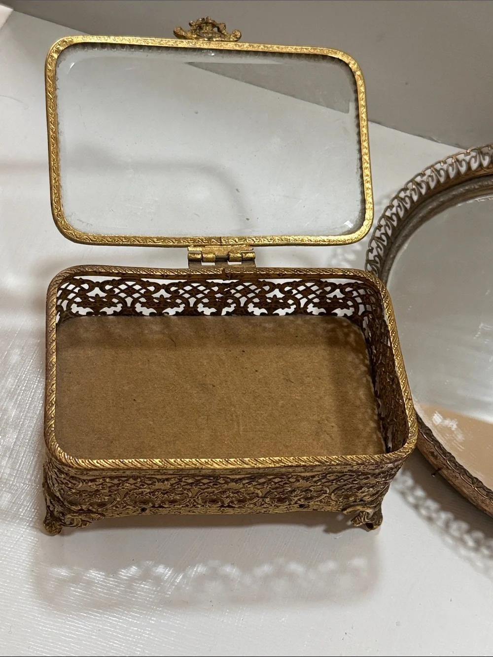 Vintage Ormolu Ornate Gold Brass Glass Jewelry Trinket Box & Round Mirrored Tray